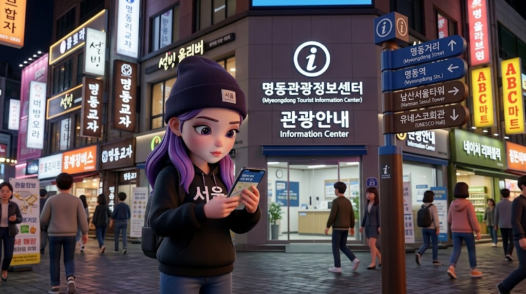 캐릭터가 스마트폰으로 1330 관광 안내 앱을 사용하며 길을 찾고 있는 모습 (A character using the 1330 travel guide app on a smartphone to find their way)
