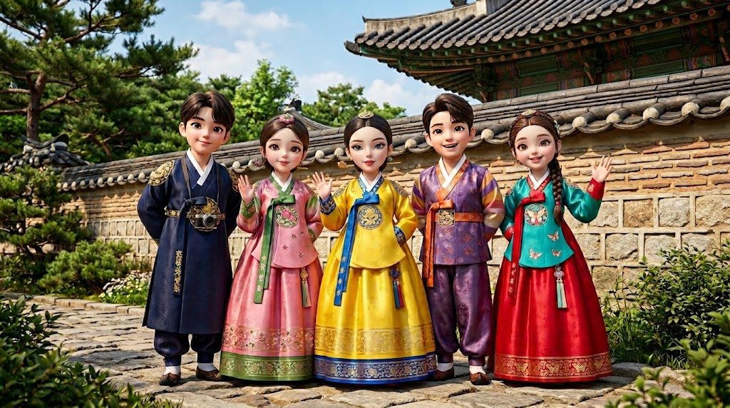 A group of characters in colorful Hanboks with elegant hair accessories, posing for a photo