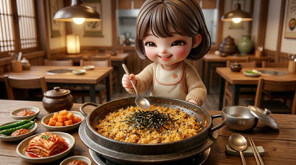 냄비 바닥에 눌어붙은 고소한 볶음밥을 숟가락으로 크게 한 입 뜨고 있는 행복한 캐릭터. A happy character taking a large spoonful of golden, crispy fried rice from the bottom of the pot.