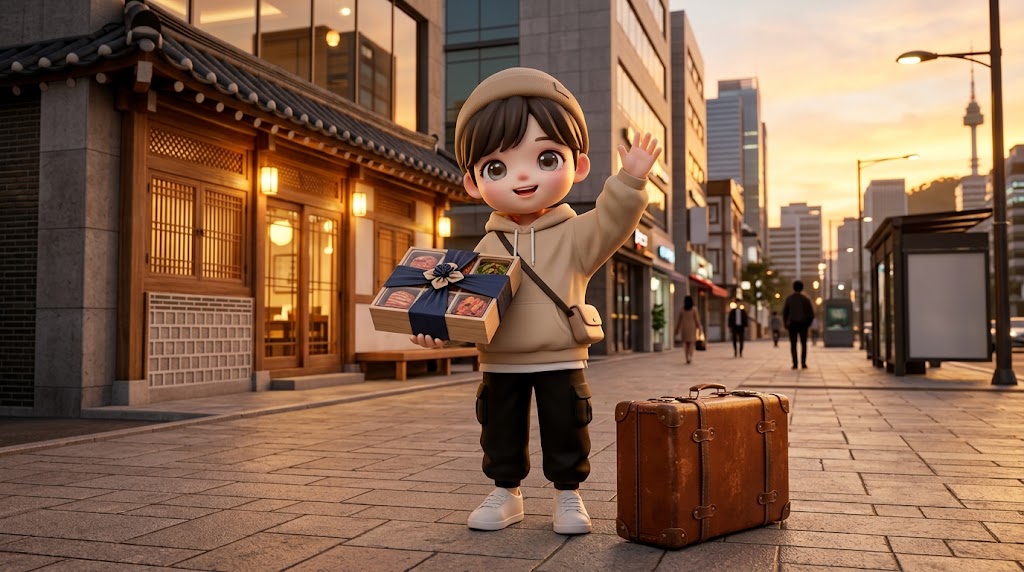 황금빛 노을이 내리는 서울의 현대적인 거리. 캐릭터가 한 손에는 반찬 선물 세트를 들고 카메라를 향해 환하게 웃으며 손을 흔들고 있음