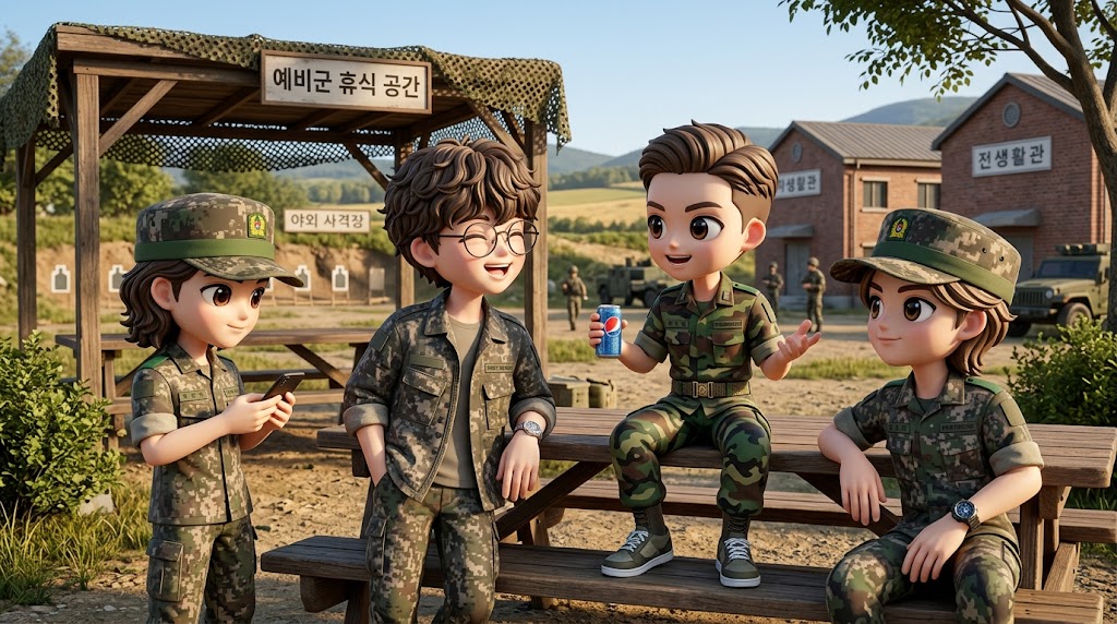 야외 훈련장에서 조금은 헐렁하게 군복을 입은 예비군 캐릭터들이 종이컵 커피를 들고 서로 웃으며 대화하는 여유로운 모습의 고해상도 3D 이미지
