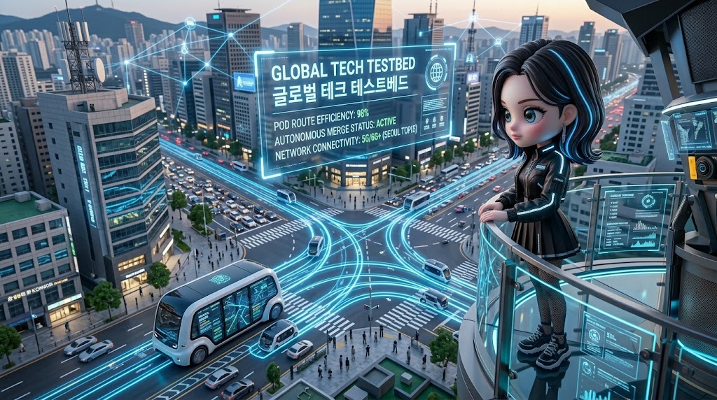  character from image_0.png watching a self-driving pod with global brand logos navigate a complex intersection with holographic data flows, illustrative style
