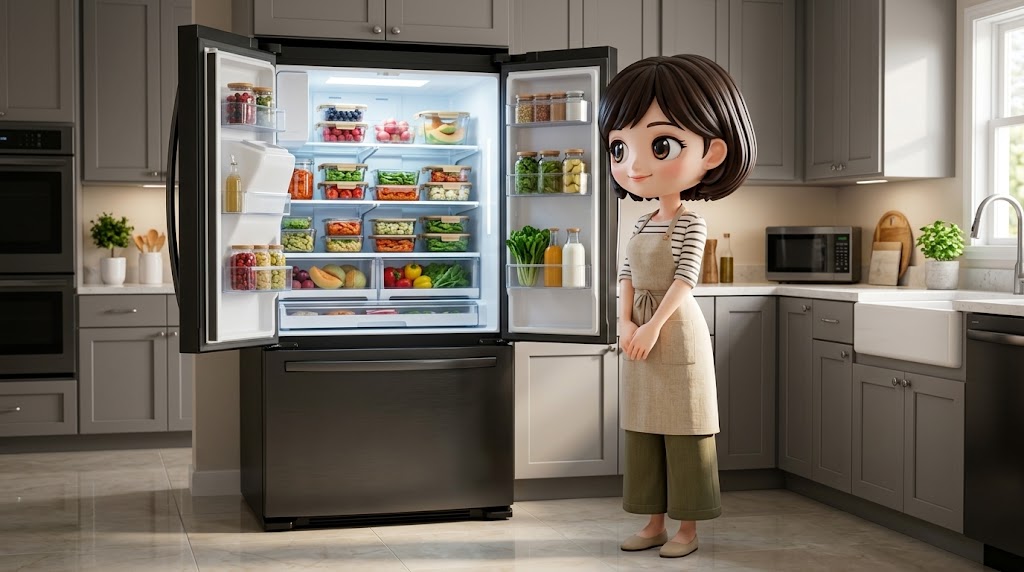 완벽하게 정리된 냉장고와 캐릭터 이미지
