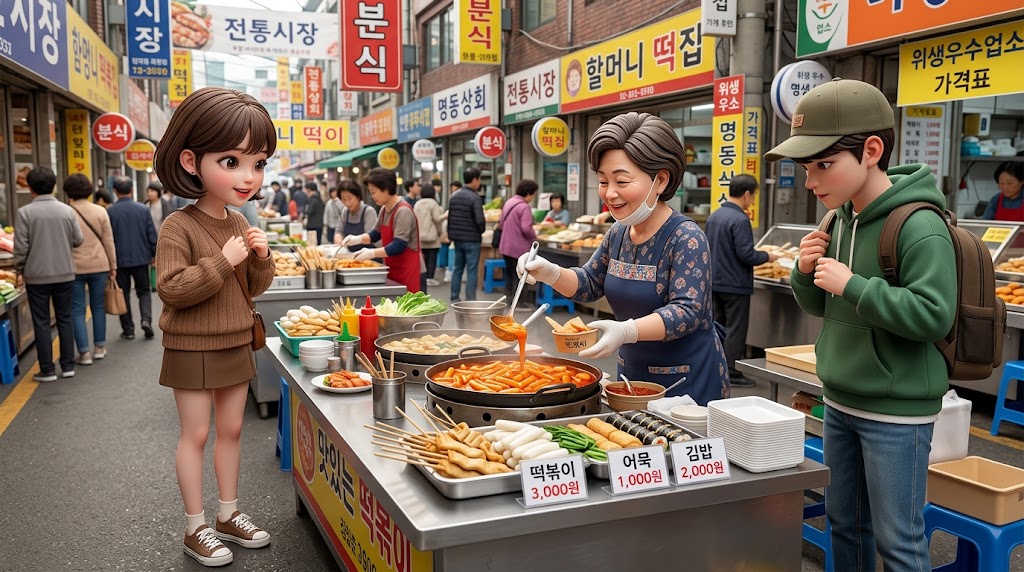 한국의 낮 시간대, 활기찬 시장을 배경으로 위생 장갑을 착용한 가게 주인이 음식을 준비하는 모습을 관찰하고 있는 모습