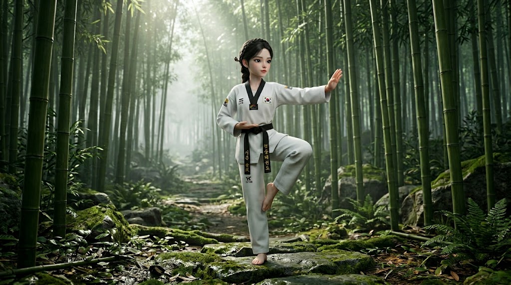푸른 대나무 숲 배경. 안개가 살짝 낀 고요한 새벽녘, 흰 도복을 입은 인물이 마치 춤을 추듯 우아하고 절도 있게 옆차기 포즈를 유지하고 있는 모습