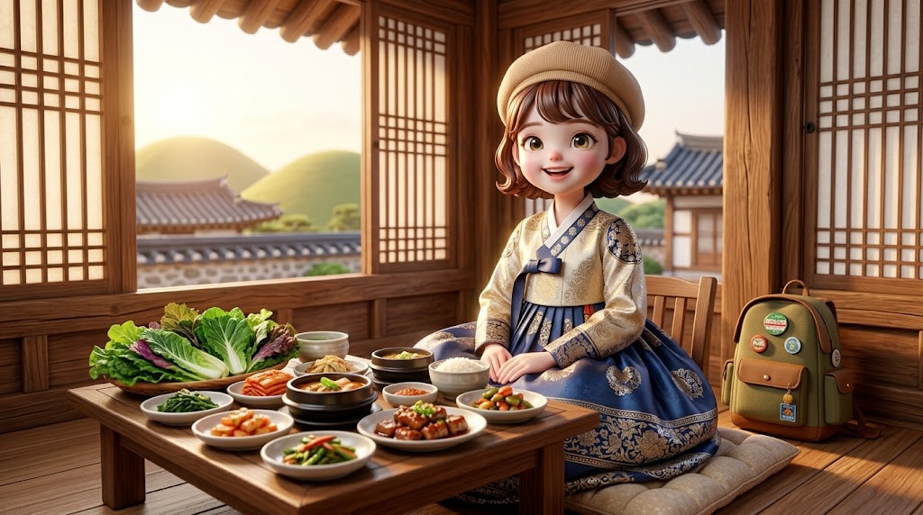 한옥 식당 배경, 쌈밥과 한복을 입은  여행자