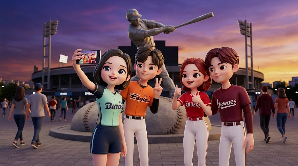 경기장 밖에서 기념사진을 찍으며 야구장 직관의 추억을 남기는 사람들 (People taking commemorative photos outside the stadium to capture memories.)
