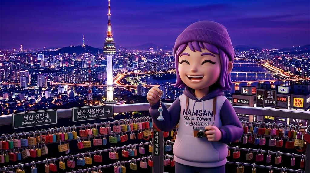 캐릭터가 한국의 아름다운 야경을 배경으로 양팔을 벌려 자유를 만끽하는 모습 (A character enjoying freedom with open arms against the beautiful night view of Korea)