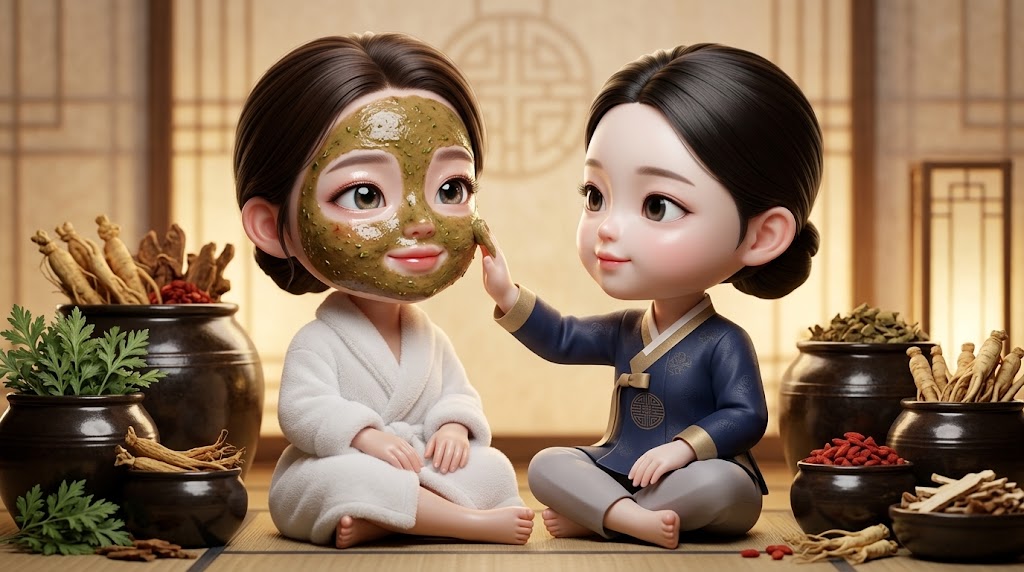  K-뷰티 스파 체험을 시각화한, 전통 한방 성분으로 피부 관리를 받는 3D 수집용 캐릭터 이미지. (A 3D collectible character image getting skincare treatment with traditional Hanbang ingredients, visualizing the K-Beauty spa experience.)