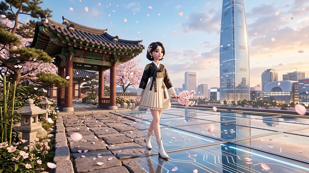 전통 문양과 현대적 건축물이 조화를 이룬 길을 걷는 3D 캐릭터의 모습