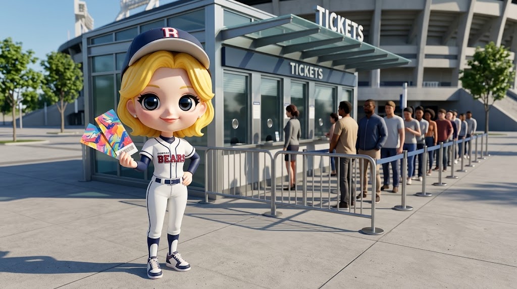 야구장 매표소 앞에서 실물 티켓을 들고 환하게 웃고 있는 외국인 관광객 (A foreign tourist smiling brightly with a physical ticket in front of a stadium ticket booth.)
