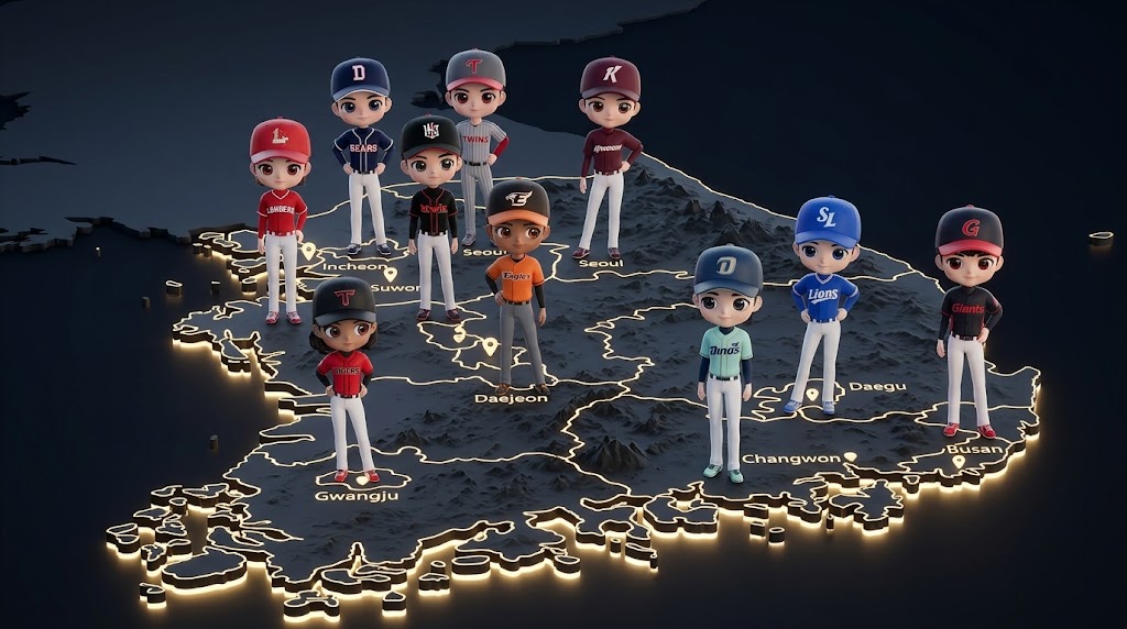한국 지도를 배경으로 각 지역 야구 유니폼을 입은 귀여운 캐릭터들 (Cute characters in various baseball uniforms standing on a map of South Korea.)
