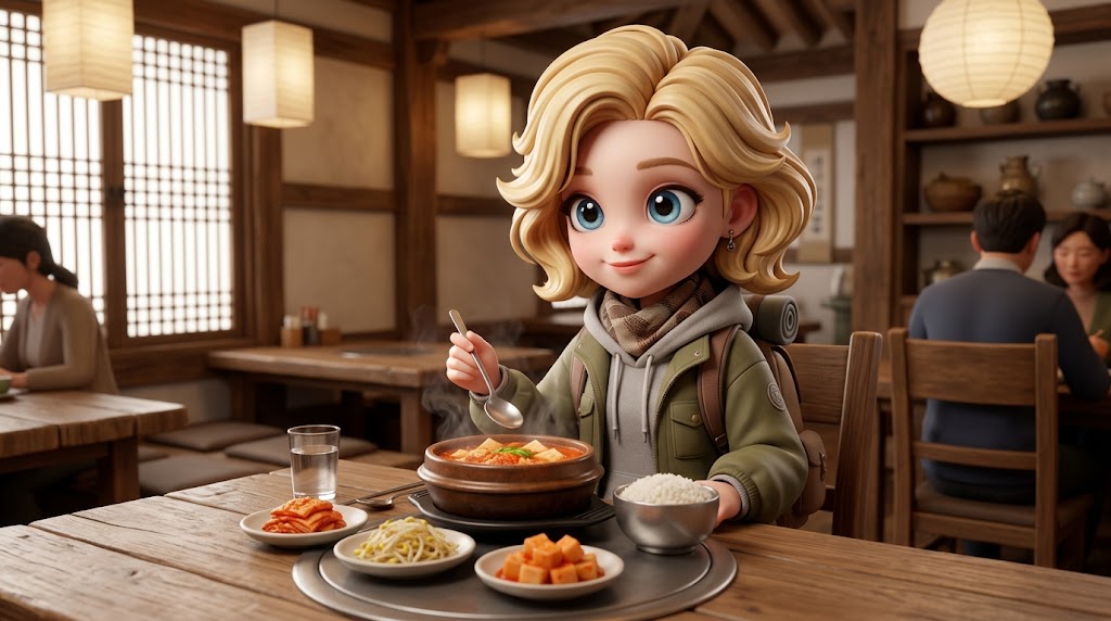 김치찌개가 놓인 한국 식당 배경의 캐릭터