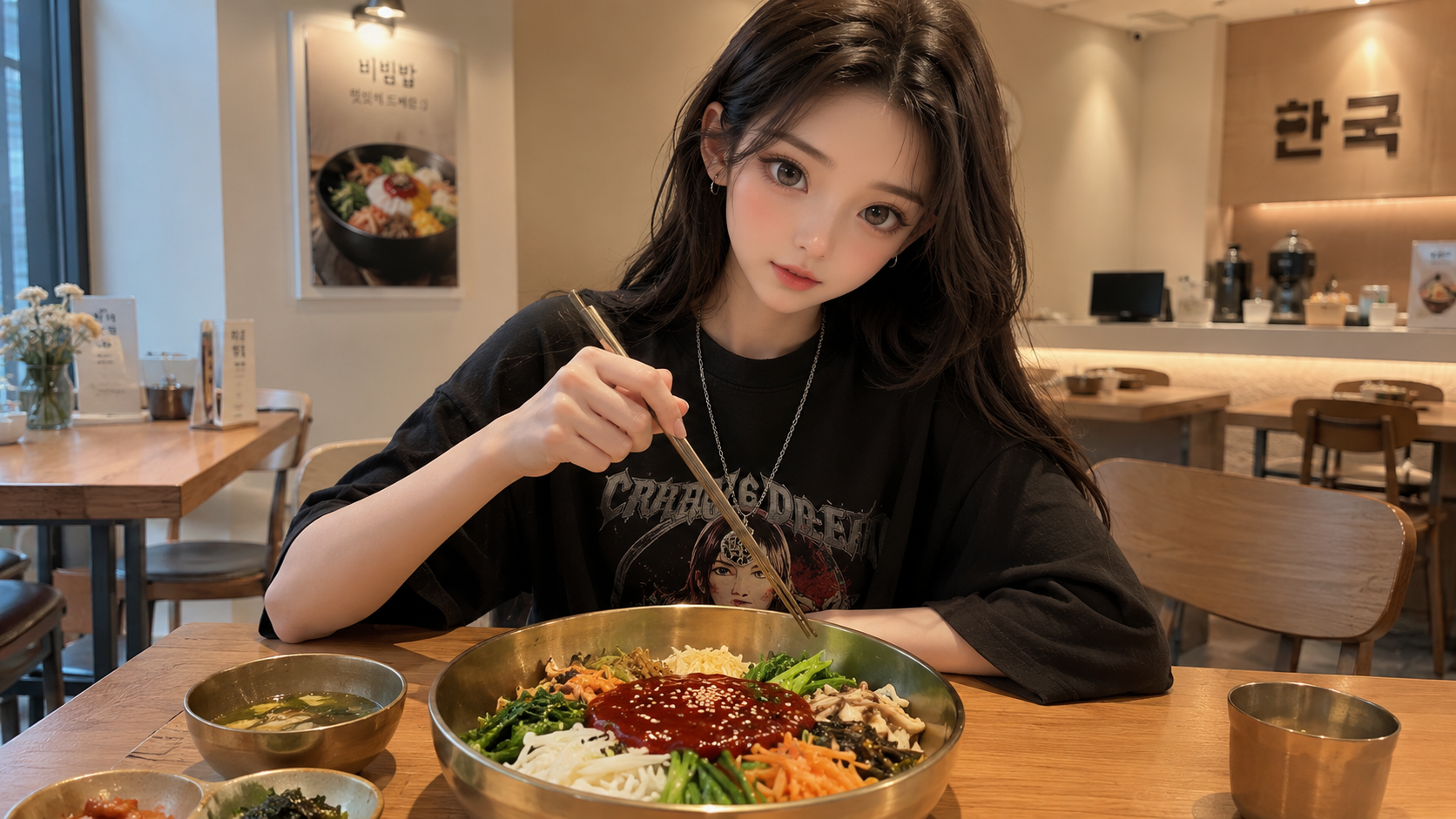 비빔밥 그릇 앞에 앉아 행복해하는 캐릭터 일러스트