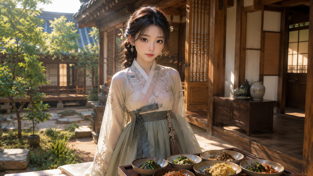 한옥 배경에서 전통 한복을 입고 여러 가지 비빔밥 재료를 준비한 모습