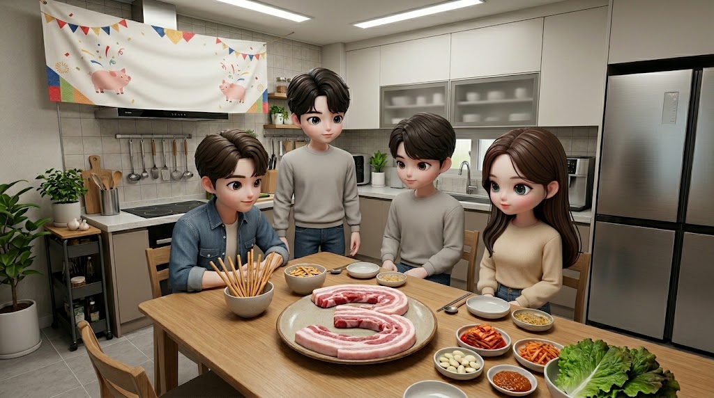 숫자 3 모양으로 놓인 삼겹살과 한국식 반찬이 있는 식탁