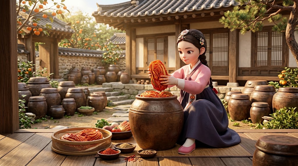 한옥 마당의 장독대 앞에서 김치를 항아리에 담는 모습을 표현한 일러스트