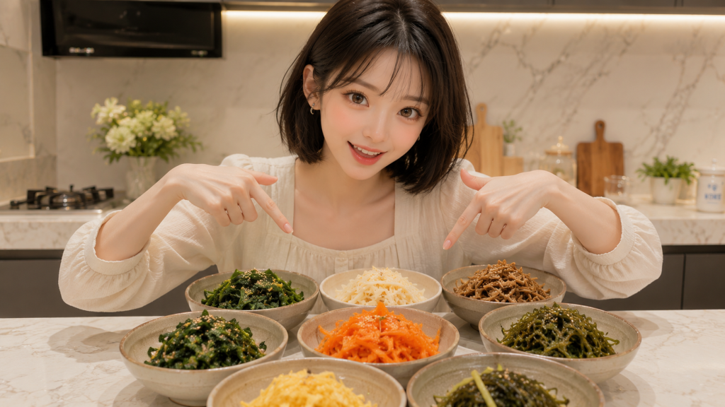 주방에서 시금치, 콩나물, 당근, 고사리 등 비빔밥용 나물을 준비한 모습