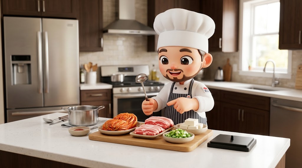 김치찌개 재료인 김치, 돼지고기, 두부, 대파를 준비하는 주방 장면 일러스트