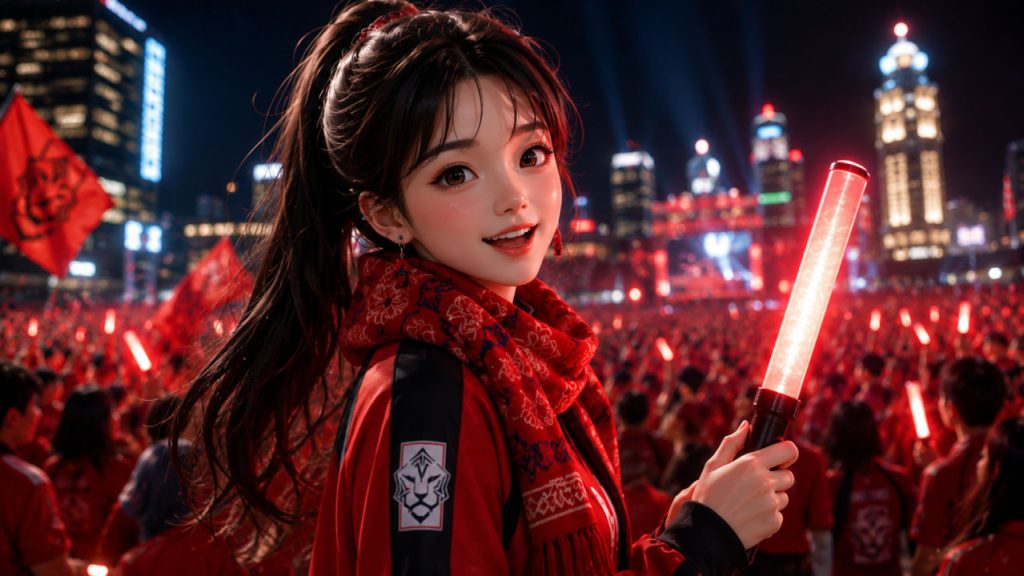 붉은 악마 응원 머플러를 목에 두르고 환하게 미소 짓는 캐릭터