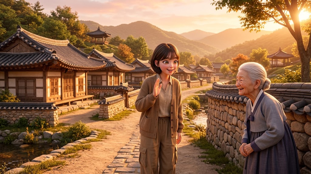 전통 마을에서 현지 주민과 인사를 나누는 여행자