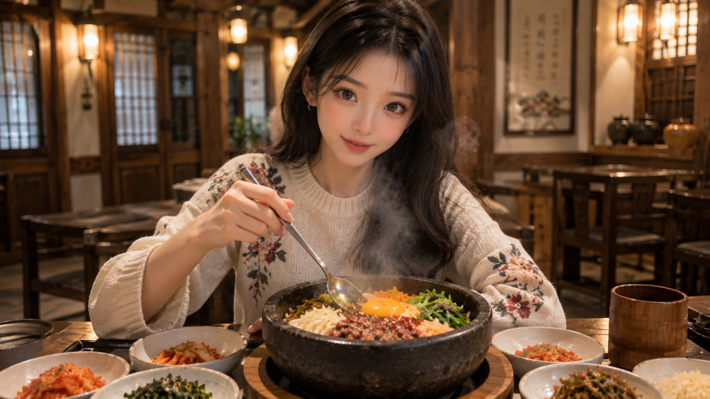 김이 나는 돌솥비빔밥과 여러 가지 한국 반찬이 놓인 식탁