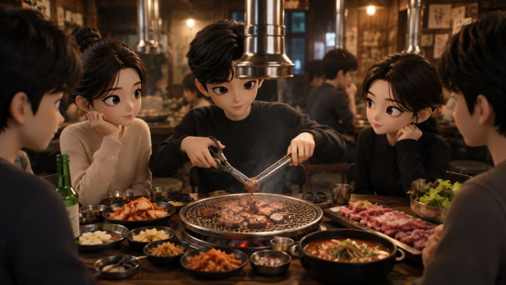 한국식 고깃집 테이블에 다양한 반찬과 고기가 구워지는 모습을 배경으로, 보이지 않는 배려와 눈치를 표현