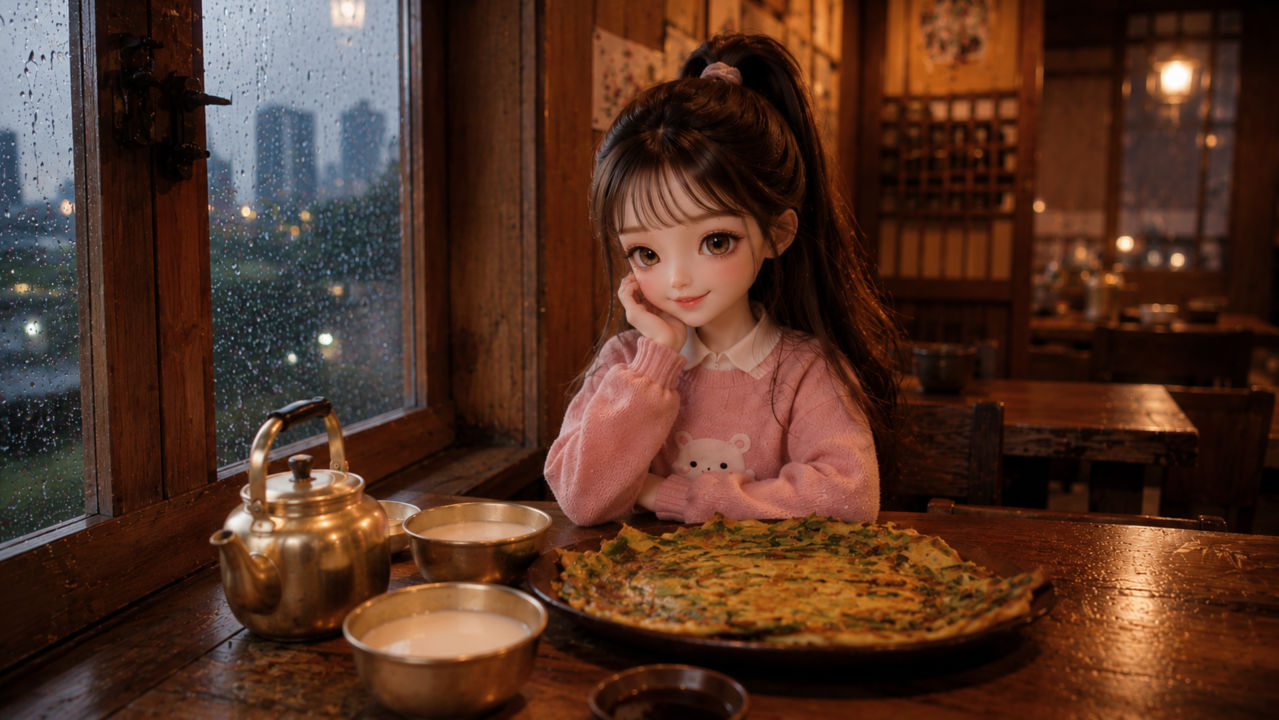 노릇노릇한 파전과 양은 잔에 담긴 막걸리가 차려진 비 오는 날의 한국 식당 풍경