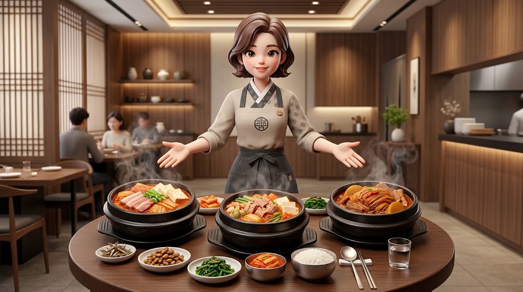 돼지고기, 참치, 묵은지 등 여러 종류의 김치찌개 냄비와 반찬을 표현한 일러스트