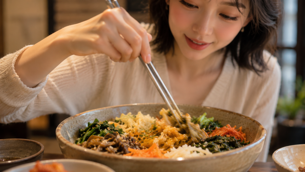 젓가락으로 비빔밥의 밥과 나물을 고르게 섞는 가까운 모습
