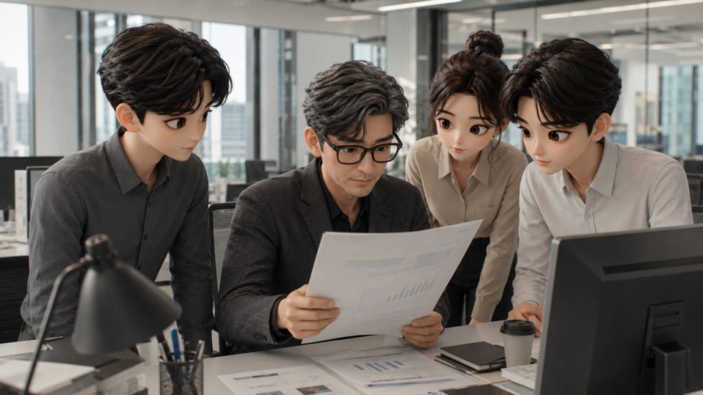 한국의 기업 사무실에서 상사의 반응을 예리하게 살피며 업무를 진행하는 직원들의 모습을 표현