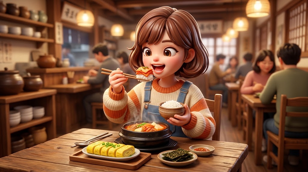 김치찌개와 밥, 계란말이, 김 반찬을 함께 먹는 식당 장면 일러스트