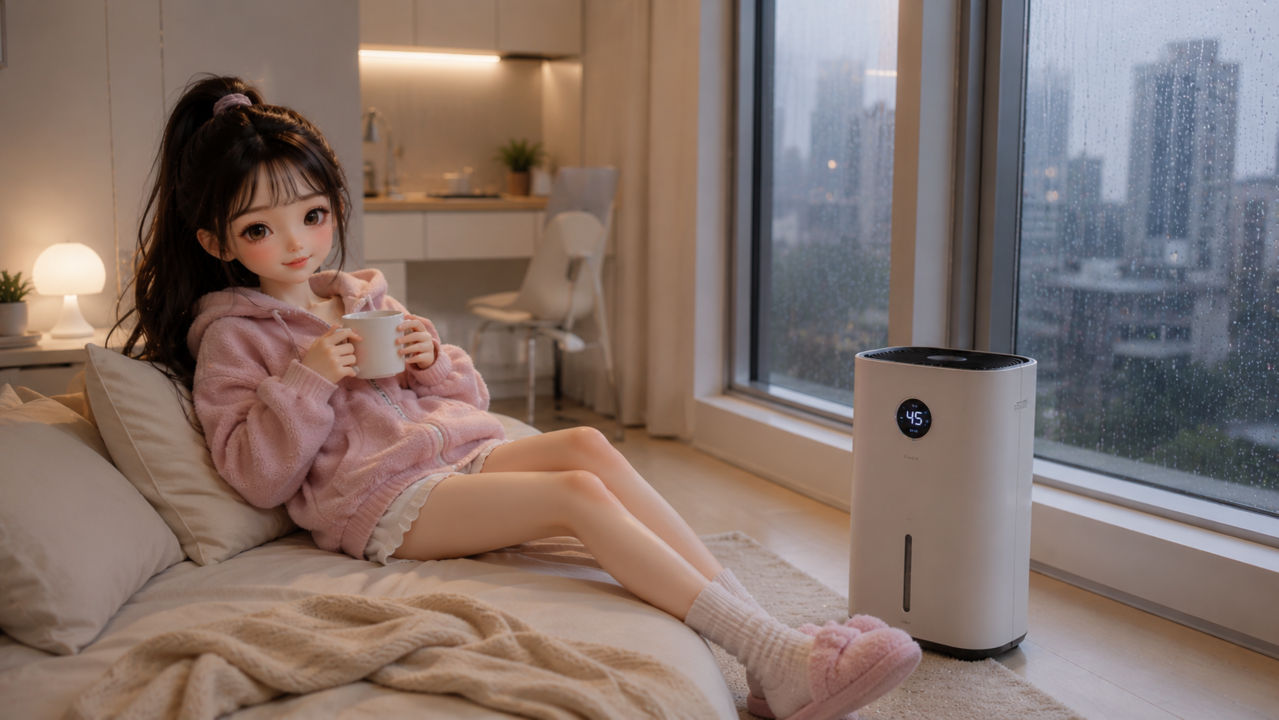 습한 여름철 실내를 쾌적하게 만들어주는 제습기와 아늑한 방 안의 풍경