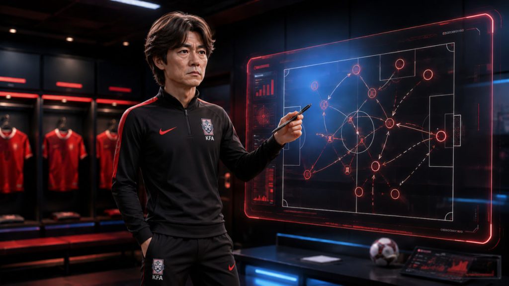 전술 모드를 보며 작전을 지휘하는 축구대표 감독