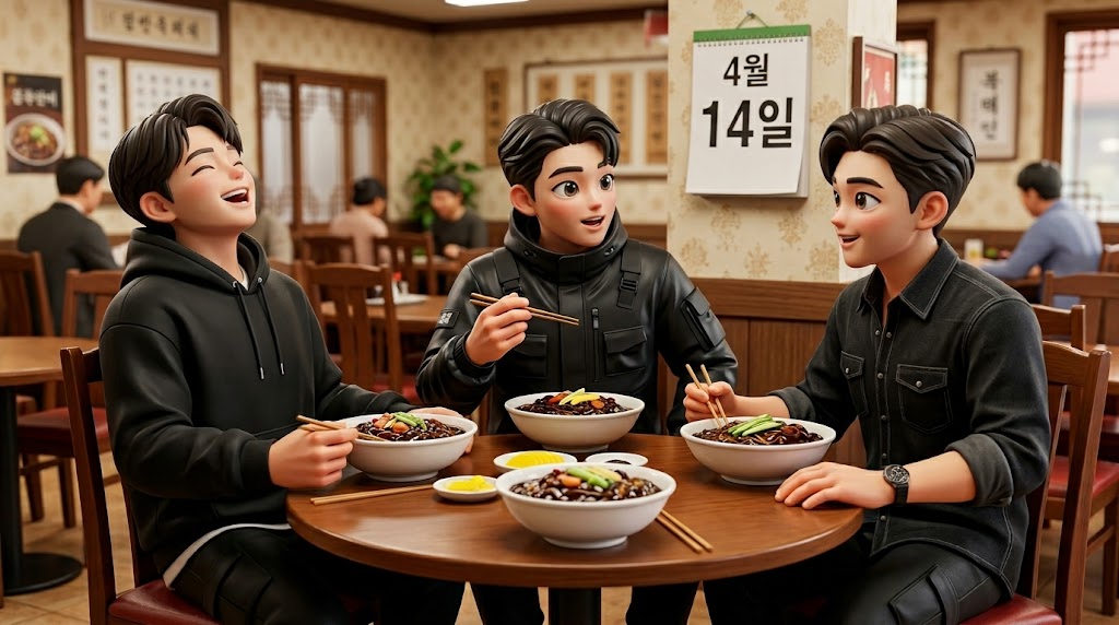 4월 14일 블랙데이에 친구들과 짜장면을 먹는 장면