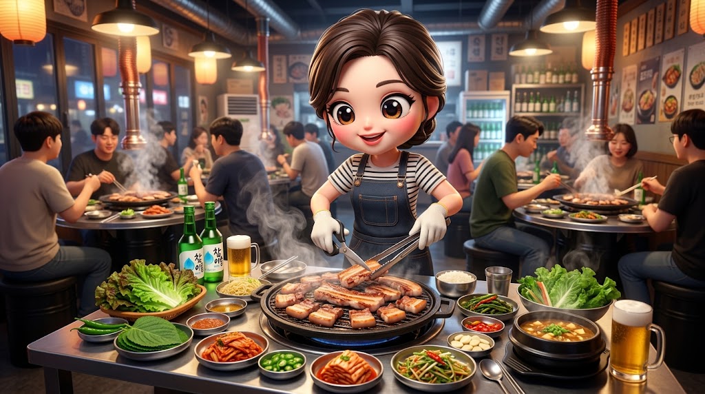 한국식 고깃집에서 삼겹살을 굽는 식사 장면
