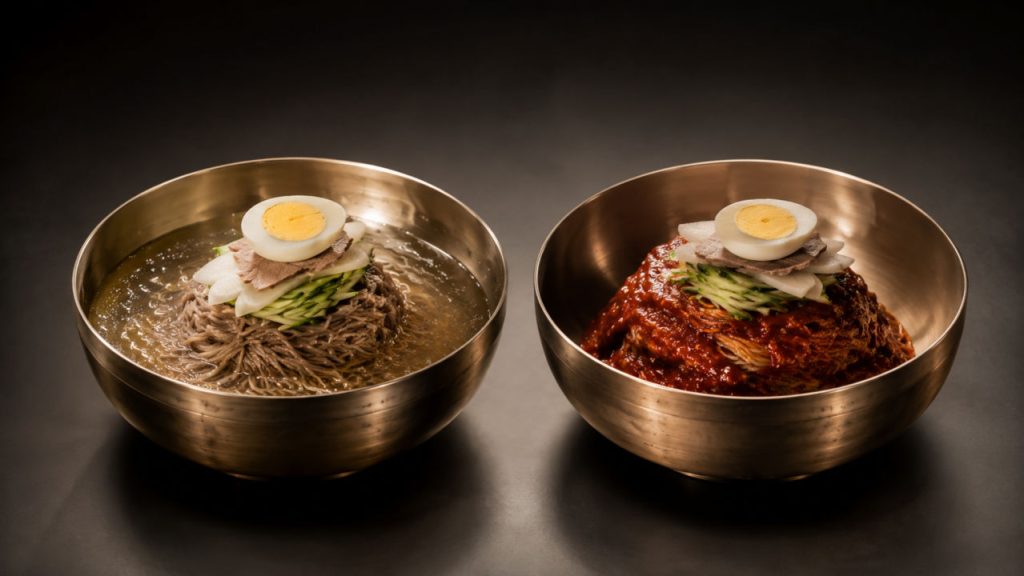 맑은 고기 육수의 평양냉면과 매콤한 양념의 함흥냉면이 정갈하게 놓인 모습
