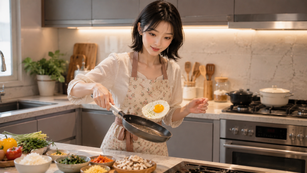 집 주방에서 달걀프라이와 여러 가지 비빔밥 재료를 준비하는 모습