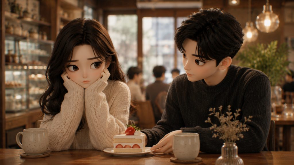 세련된 카페에서 대화를 나누는 연인의 미묘한 감정 변화를 포착