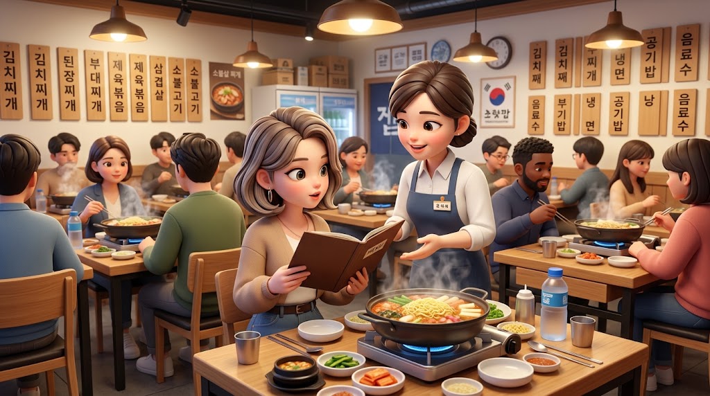 한국 식당에서 직원에게 김치찌개 메뉴를 문의하는 외국인 손님을 표현한 일러스트