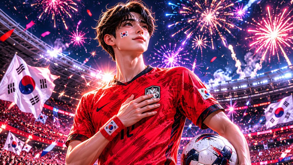 경기장 한복판에서 당당한 포즈로 서서 하늘에 터지는 화려한 축하 불꽃놀이를 바라보는 대한민국 축구 선수