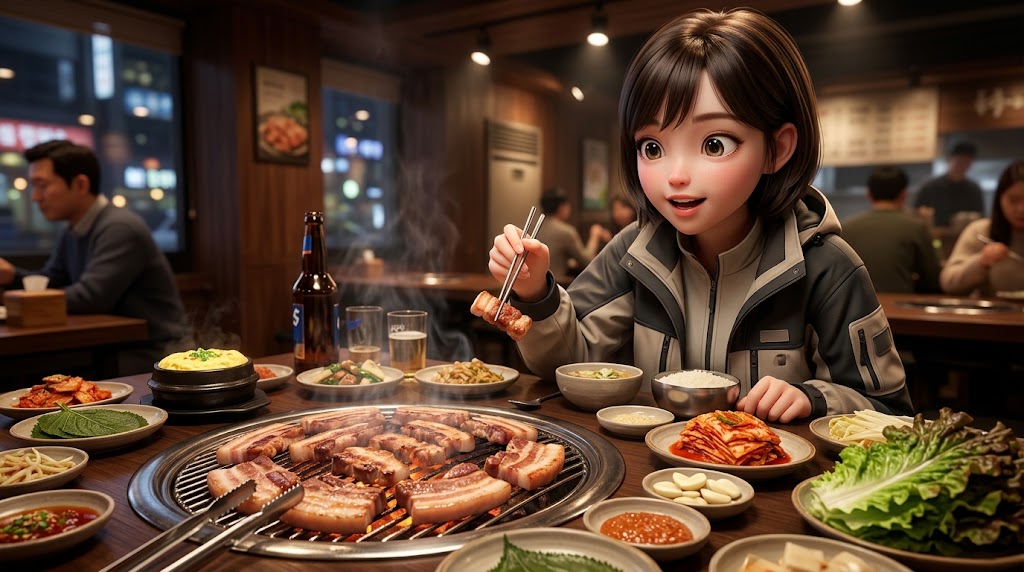 충청북도 식당에서 삼겹살과 반찬을 맛보는 여행자