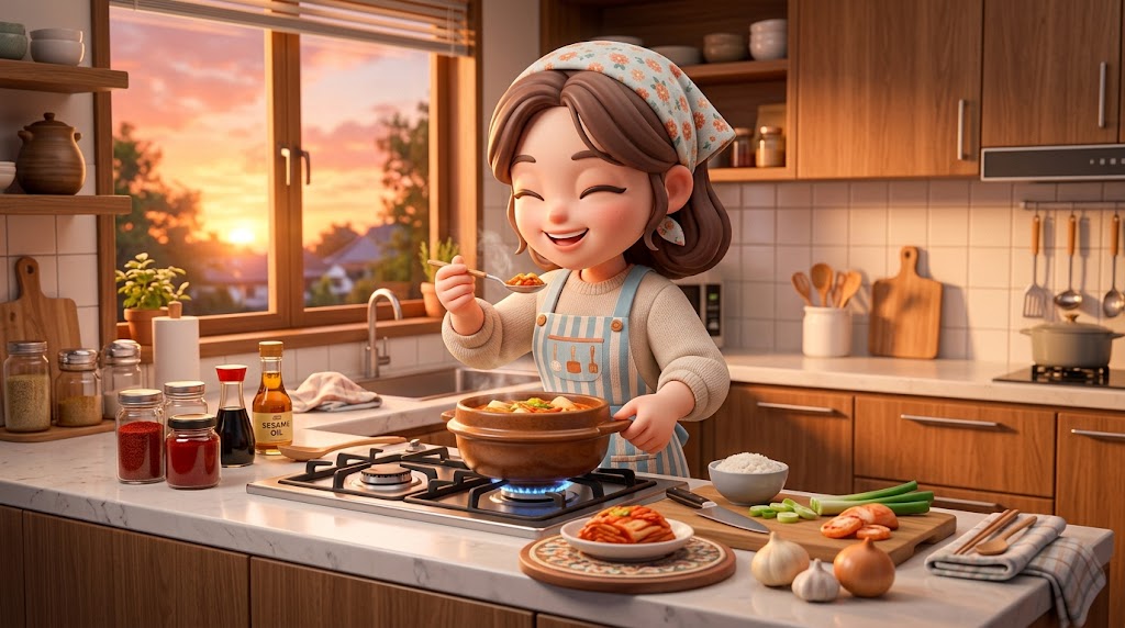집 주방에서 김치찌개를 끓이고 맛보는 모습을 표현한 일러스트