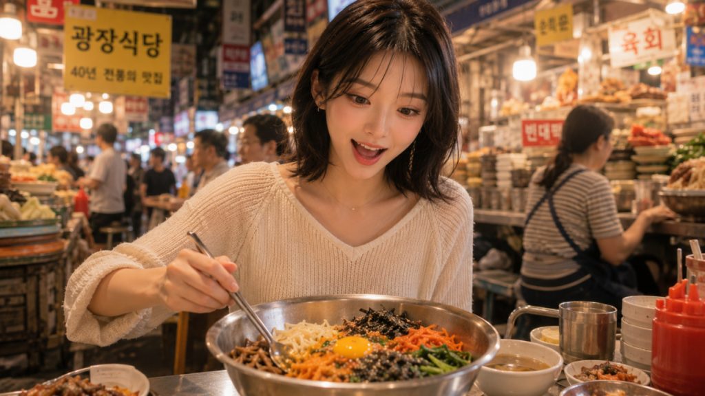 전통시장 식당에서 큰 그릇에 담긴 비빔밥을 먹는 모습