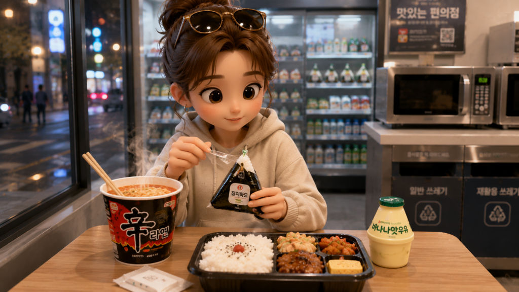 한국 편의점 테이블 위에 삼각김밥, 컵라면, 도시락이 놓여있다