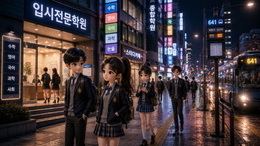 밤에도 밝은 한국 학원가와 학생들의 귀가 모습 / Bright Korean hagwon street at night with students heading home