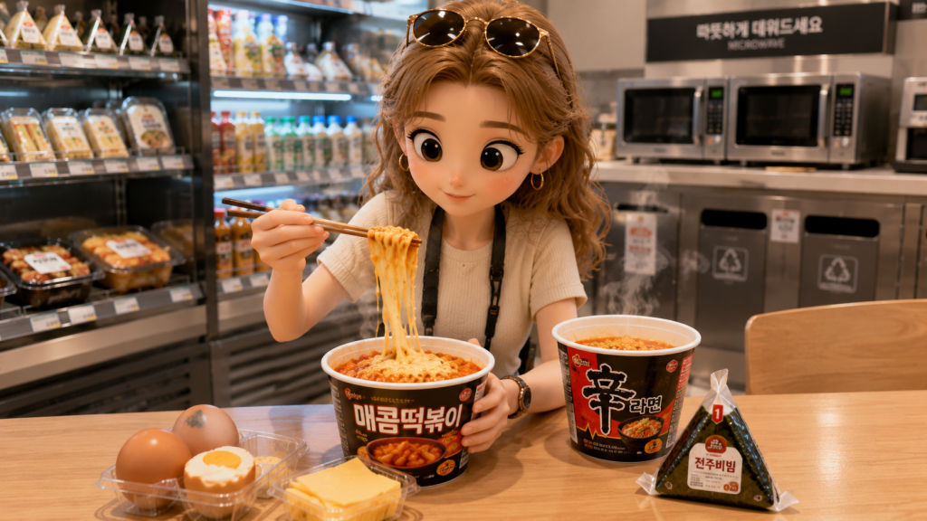 외국인 여행자가 컵라면, 떡볶이, 치즈, 삼각김밥을 조합해 편의점 레시피를 만들고 있다