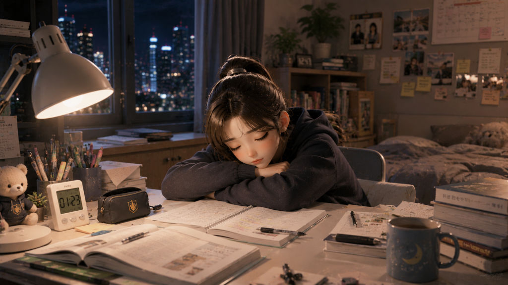 늦은 밤 책상 앞에서 쉬고 있는 한국 학생의 조용한 장면 / A quiet late-night scene of a Korean student