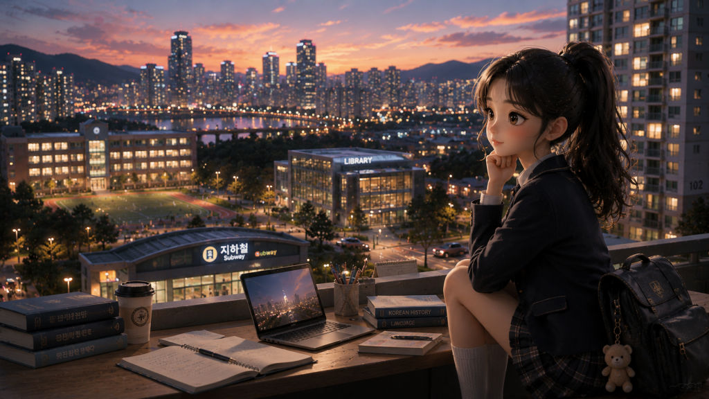 한국 도시의 학교와 도서관 불빛이 함께 보이는 저녁 풍경 / Evening city view with Korean school and library lights